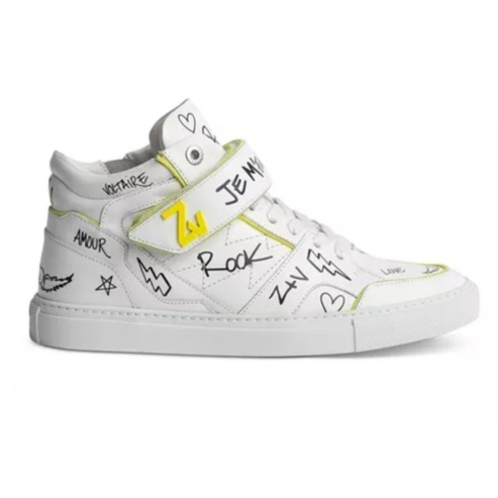 ZADIG & VOLTAIRE Graffiti Leather Sneakers Women 8 White Ray Mid Top  Street Art